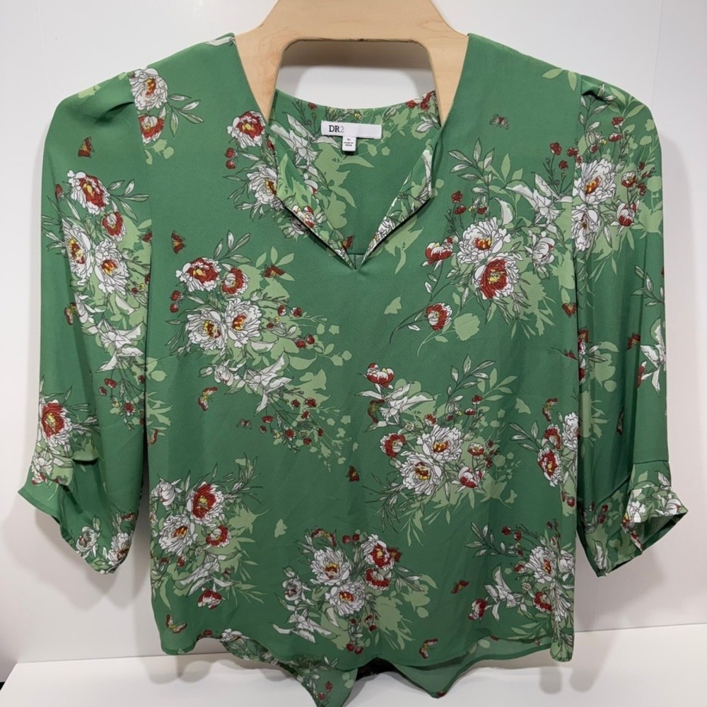 DR2 Green Floral V-Neck Blouse XL Ruffle Sleeve Puff Shoulder Pleated Back Top